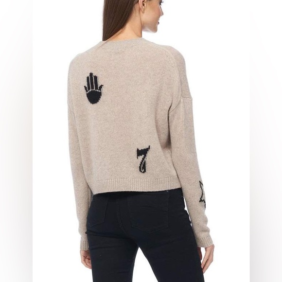360 Cashmere Santi Beige Black Sweater Hamsa Peace Sign Sz Small - Picture 2 of 9